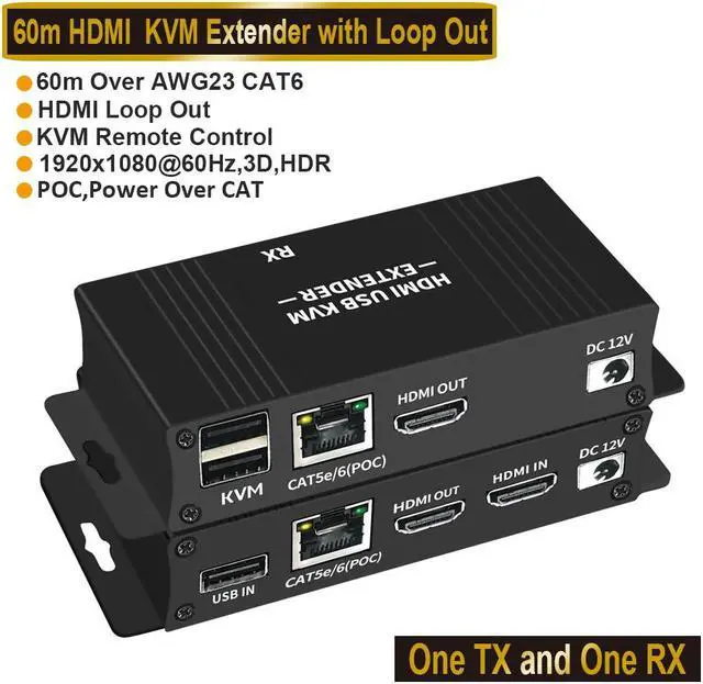 Main image of HDMI KVM USB Extender Transmit 1080p HD Video Over Cat5e/6 Ethernet RJ45 Cable 60m (196ft) IR Extender Support USB Keyboard Mouse and IR Control