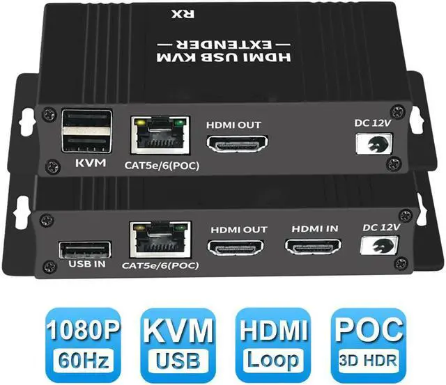Main image of HDMI KVM Extender, 1080P @ 60Hz Ultra HD Resolution, Over Cat5e/6 Ethernet Cable, Up to 196ft/60m with Loop Out & POC Function - Support Keyboard and Mouse