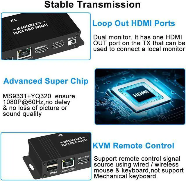 Alt view image 5 of 7 - HDMI KVM Extender, 1080P @ 60Hz Ultra HD Resolution, Over Cat5e/6 Ethernet Cable, Up to 196ft/60m with Loop Out & POC Function - Support Keyboard and Mouse