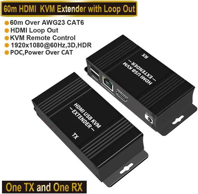 Main image of KVM 1080P HDMI Extender IP Over Single CAT6/7 Ethernet Cable Upto 196 Feet - 2 USB 2.0 Ports, Supports Keyboard and Mouse USB HDMI Loopout