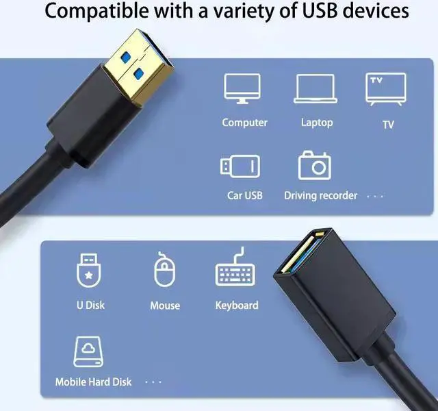 Alt view image 3 of 7 - USB Extension Cable, 3Pack 1.64FT Type A Male to A Female USB 3.0 Extension Cord Data Transfer Extender Cable with Gold-Plated Connector for USB Flash Drive/Hard Drive (Black Black)