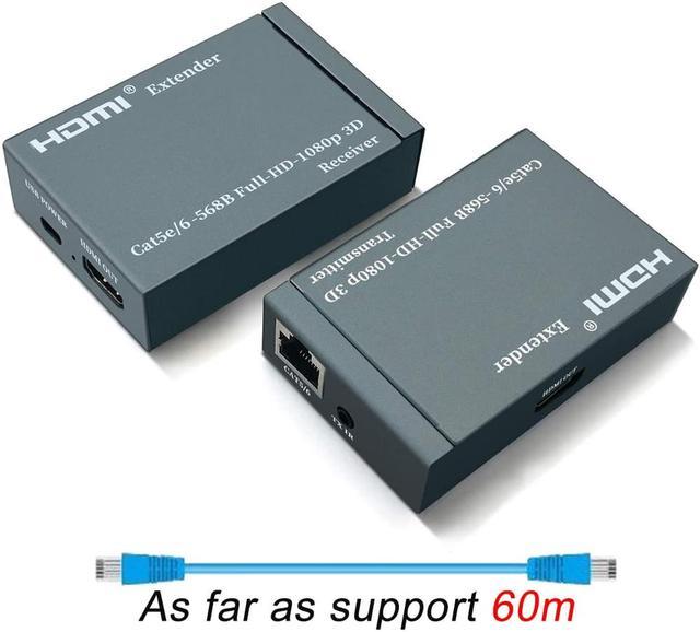 60M HDMI Extender, 1080P HDMI Transmitter and Receiver Over single RJ45  Cat6/7 Cables Up to 196ft(60m), HDMI Ethernet Extender, HDMI to RJ45/RJ45  to HDMI Transmitter 