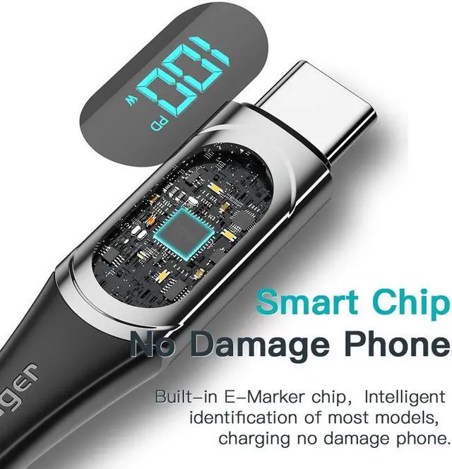 Alt view image 2 of 7 - PD 100W USB C to USB C Cable [3.3ft, 1-pack], 5A Fast Charging USB C Cable with LED Display, Zinc Alloy Nylon Braided Type C Cable for Samsung S21 S20 Note 20 MacBook Pro Google Pixel etc