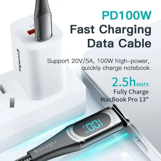 Alt view image 4 of 7 - LUOM 100W USB C to USB C Cable with Display, 5A PD QC 5.0 Type C to Type C Cable Super Fast Charging USB C Cable(3.3ft, Black, 2 Pack)