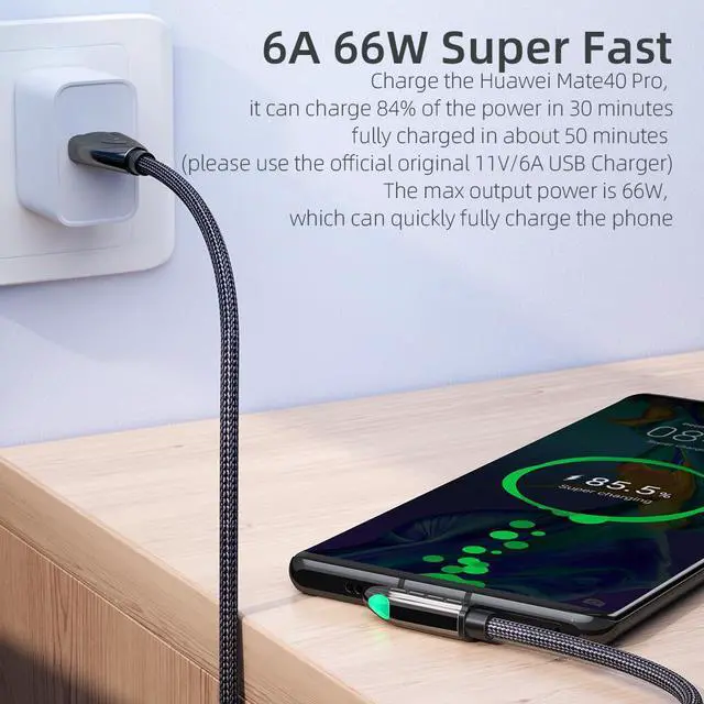 Alt view image 3 of 7 - [3.3ft, 1-pack] 6A PD 66W USB C to USB C Cable Type C Fast Charging C to C Super Fast Charging Right Angle 90 Degree, USB C Charging Cable 480Mbps Data Nylon Braided for Samsung Galaxy iPad MacBook