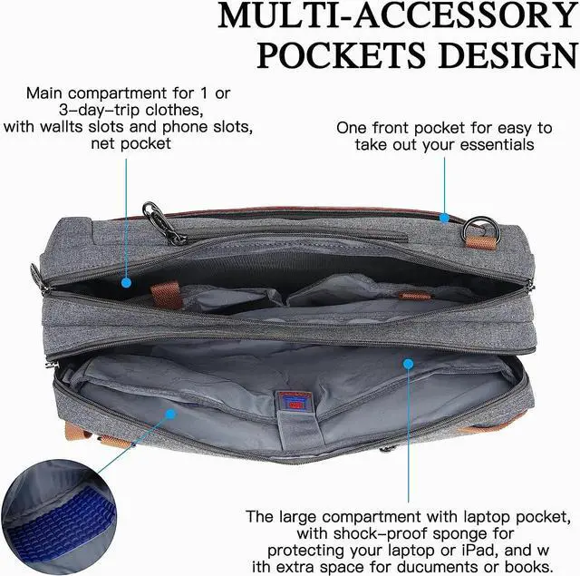 Alt view image 3 of 7 - 3 in 1 Convertible 15.6 - 17.3 Inch Laptop Backpack for Women Men, Work Business Travel Backpack, Teacher Doctor Nurse Computer Bag Purse College Backpack,17.3 Inch, Gray