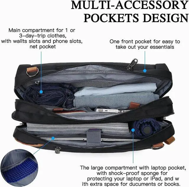 Alt view image 3 of 7 - 3 in 1 Convertible Travel Laptop Backpack, Anti Theft Backpack for Men and Women, Water Resistant Big Business Computer Backpack Bag Fit 17.3 Inch Laptop and Notebook, Black