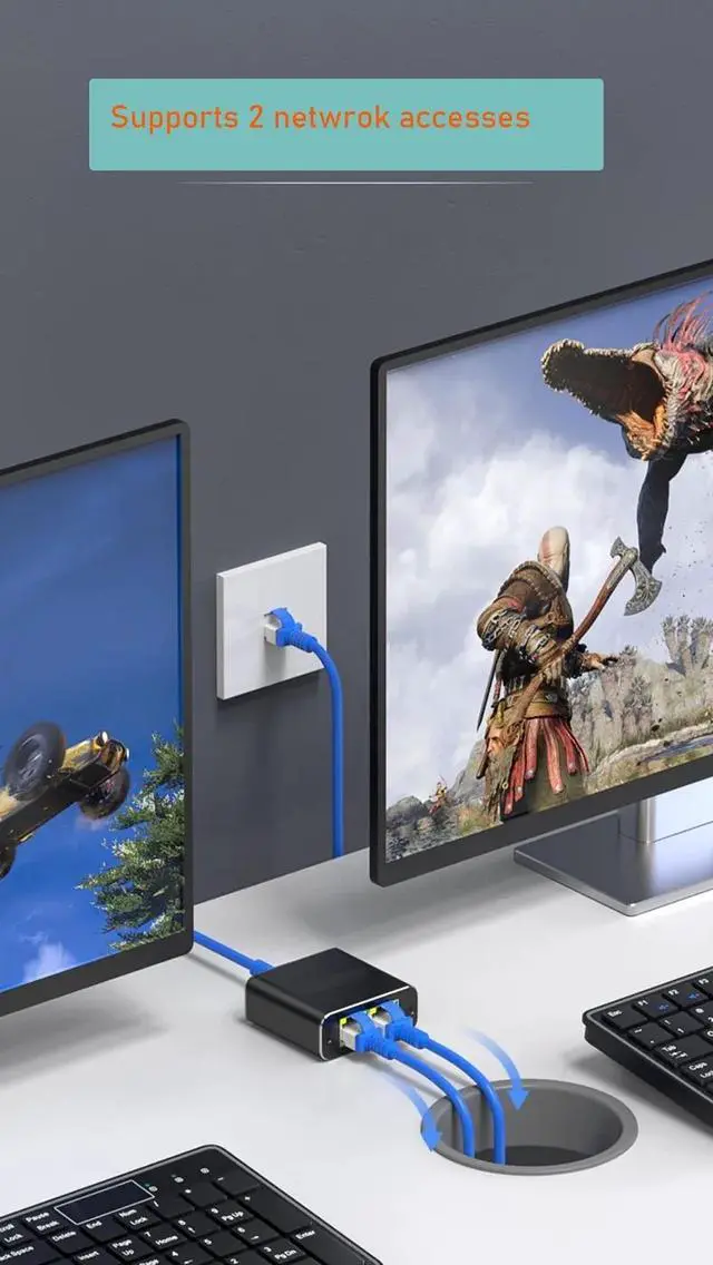 Alt view image 4 of 7 - Gigabit Ethernet Cable Splitter 1 to 2, RJ45 Splitter 1 in 2 Out hub, 1000Mbps Shielded Ethernet Splitter, Internet Cable 8P8C Extender Plug LAN Cable for Cat5, Cat5e, Cat6, Cat7,Cat8