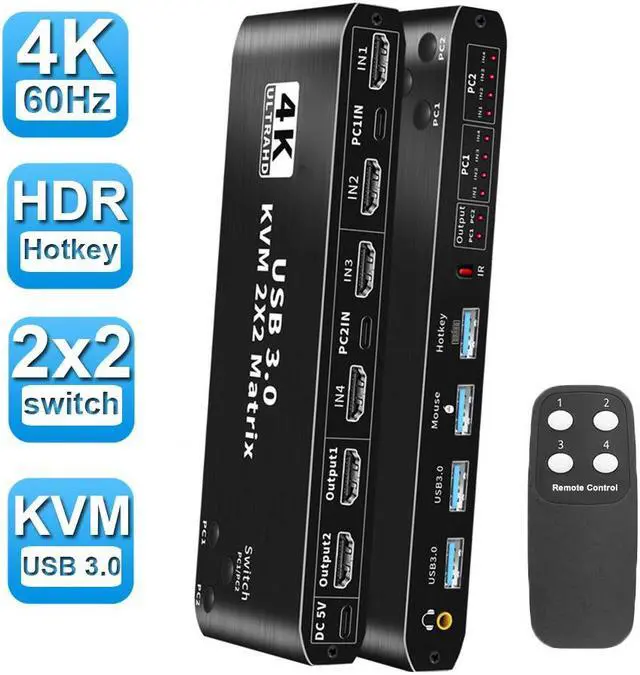 Main image of 4K HDMI Matrix KVM Switch Dual Monitor 2X2, 2 Computers 2 Monitor Share Keyboard Mouse Printer and 2usb3.0 Switcher Switch