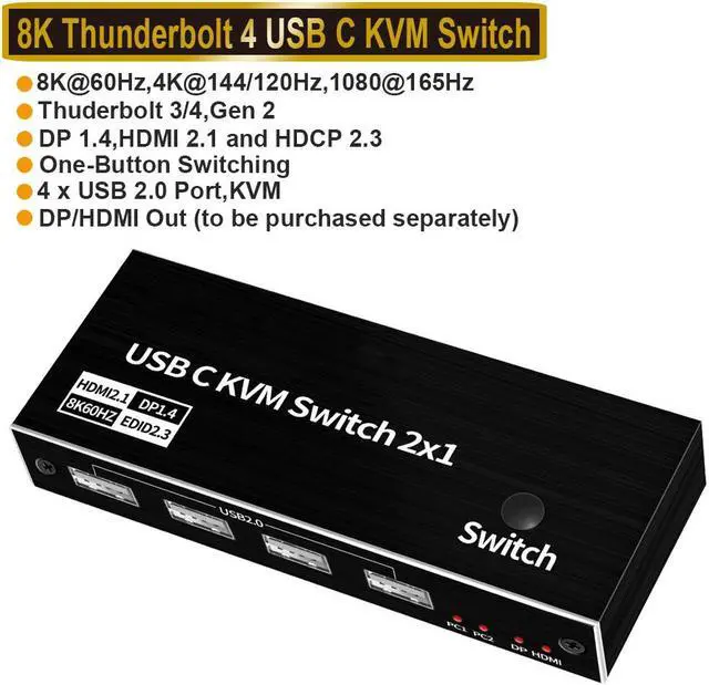 Main image of 8K USB-C KVM Switch - 8K 60Hz USB-C HDMI/DP KVM Switch for 2 Computers 1 Monitor and 4 USB Ports to Share Mouse, Keyboard or Other USB Devices, 2 USB-C Cables Included