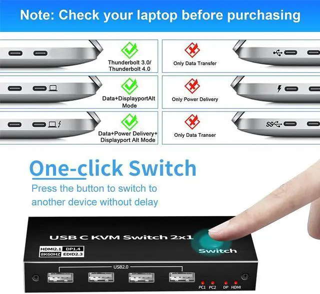 Alt view image 5 of 7 - 8K USB-C KVM Switch - 8K 60Hz USB-C HDMI/DP KVM Switch for 2 Computers 1 Monitor and 4 USB Ports to Share Mouse, Keyboard or Other USB Devices, 2 USB-C Cables Included