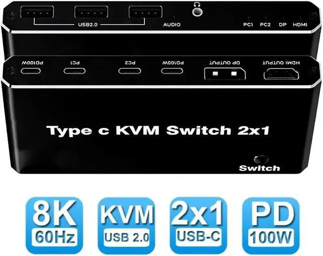Main image of 8K USB-C KVM Switch 2X1, 2 Port Type-C KVM Switch 8K 60Hz 2 Port Box 4K 120Hz Support 2Port 100W Power Delivery for 2 Computers Share 1 Monitor(DP/HDMI Output),3.5mm Audio and 3 USB Devices