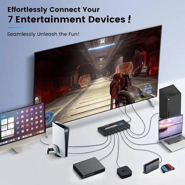 Alt view image 2 of 7 - 4K 60Hz 7x1 HDMI Switch, 7 Port Auto HDMI Switch Box with IR Remote,Support 4Kx2K 3D 1080P,7 in 1 Out HDMI Switch Switcher Selector for Xbox360/PS4/PS3 to TV Projector