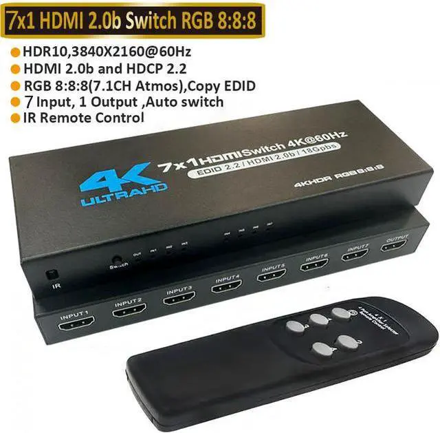 Main image of 4K 60Hz 7x1 HDMI Switch, 7 Port Auto HDMI Switch Box with IR Remote,Support 4Kx2K 3D 1080P,7 in 1 Out HDMI Switch Switcher Selector for Xbox360/PS4/PS3 to TV Projector