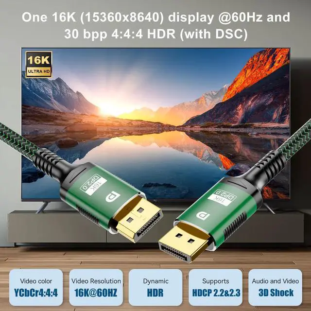 Alt view image 2 of 7 - DisplayPort 2.0 Cable 6.6ft, 16K DP 2.0 Cable Supports 80Gbps, 16K@60Hz, 8K@120Hz, 4K@240Hz/165Hz, 2K@360Hz HDR, HDCP2.2, 3D, ARC for Laptop/PC/TV/Gaming Monitor