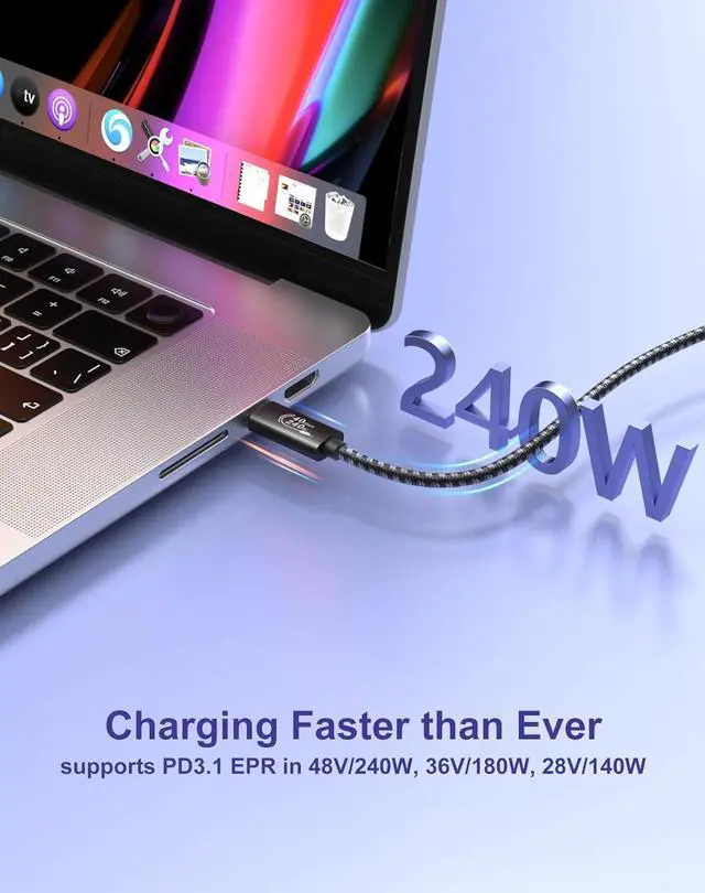 Alt view image 3 of 7 - USB C to USB C Nylon Braided Cable,240W PD USB 4.0 Cable 40Gbps Data Transfer, 8K Video Output with E-Marker for Thunderbolt 3/4, Laptop, Hub, Docking, Mobile Phone, Galaxy S20, Pixel, Switch - 1.5FT