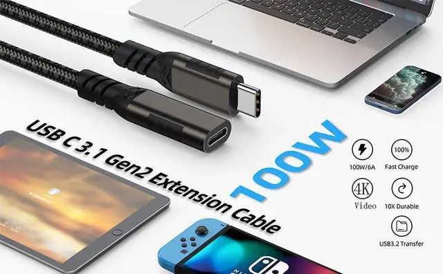 Alt view image 2 of 7 - USB Type C Extension Cable 6.6FT 2Pack,USBC 3.1 Gen2 10Gbps 100w Female to Male Extended Adapter,Thunderbolt 3 Extender Cord Compatible for Laptop Tablet Mobile Phone Nintendo Switch