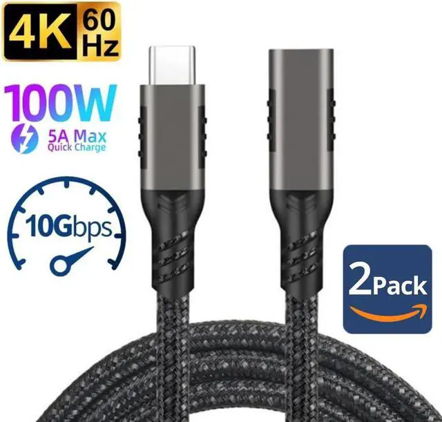 Main image of 2Pack USB C Extension Cable 3.3FT, USB-C 3.2 Male to Female Extender Cord, USB Type C Extend Fast Charging, UHD 4K Video & 10Gbps Data Sync Transfer for Laptop, Tablet, Mobile Phone, MacBook and More