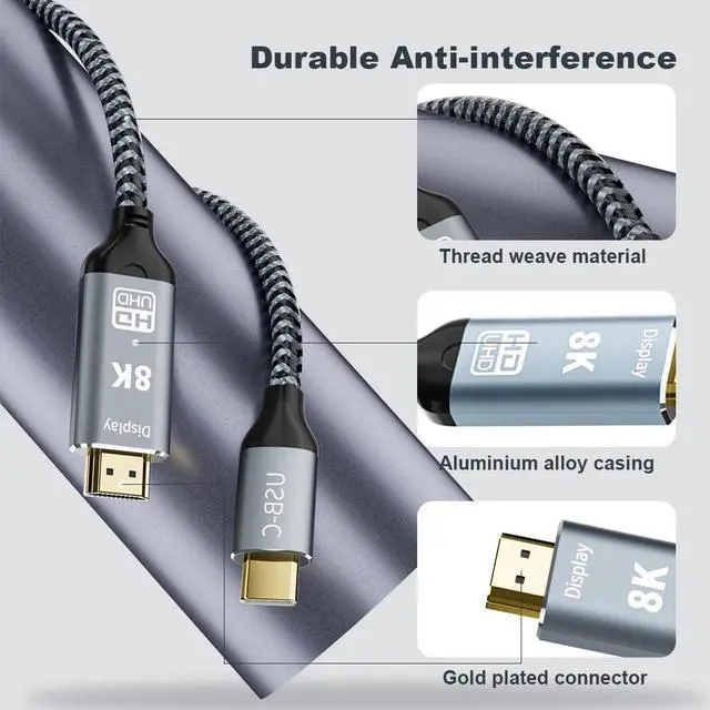 Alt view image 6 of 7 - 8K USB C to HDMI 2.1 Adapter Cable for Esports Grade Performance with Break-Proof Metal connectors 3.3ft (transmits 8K/60Hz and 4K/120Hz from Gaming laptops to TVs or Monitors)