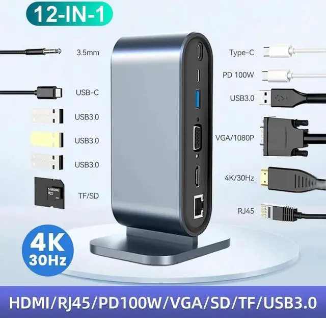 Main image of Vertical Laptop Docking Station, 12 in 1 USB C to HDMI Adapter with 1080P VGA, 4*USB A 3.0, 100W PD, Ethernet,SD/TF,Audio Port, USB-C Data for MacBook Laptop