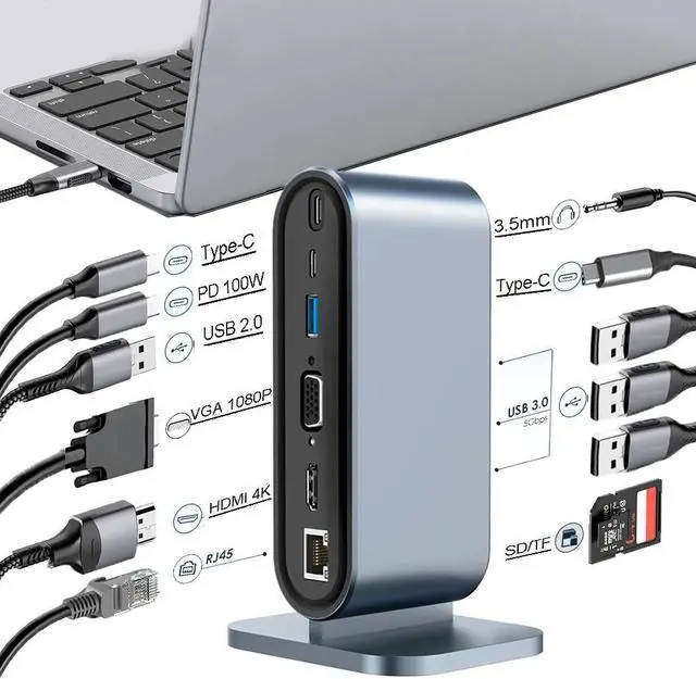 Main image of USB C Docking Station, Vertical 12 in 1 USB C to 4K HDMI Adapter, USB C Hub with HDMI, VGA, 100W PD, 4 USB3.0,RJ45 Ethernet, SD/TF, USB-C Data Multiport Adapter for MacBook Laptop Notebooks