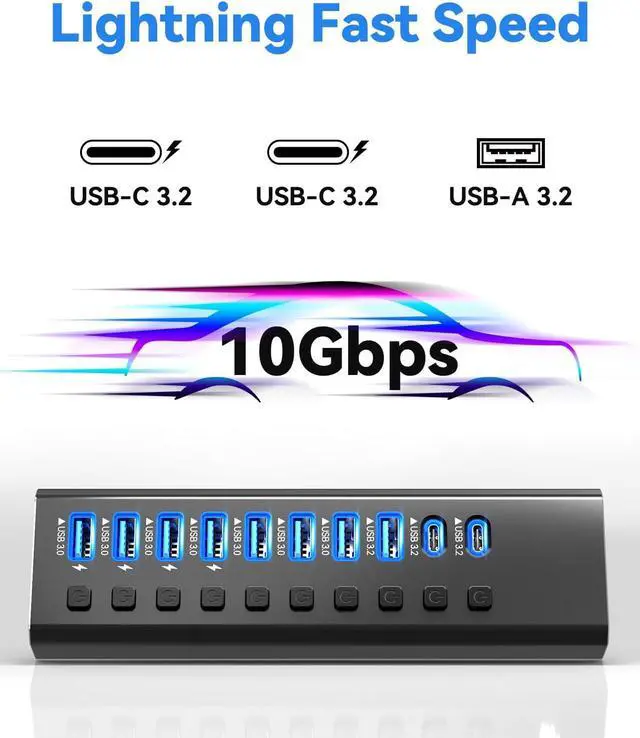 Alt view image 2 of 7 - Powered USB Hub, 10-Port USB 3.0 Hub Splitter (4 USB 3.0 Data Ports + USB-C 3.0 Ports + 1 USB-A 3.2 Ports ) with Individual LED On/Off Switches, USB Hub 3.0 Powered with 48W AC Adapter for Mac, PC