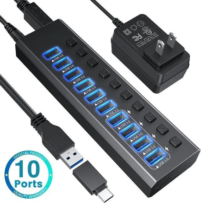 Main image of USB-A Hub, 10 Ports Super High Speed USB 3.0 Hub Splitter with 4*USB 3.0 Smart Charging, Black Smart Fast Charger Powered USB Hub for Laptop, Mac, PC, Mobile HDD, Mulitple Devices