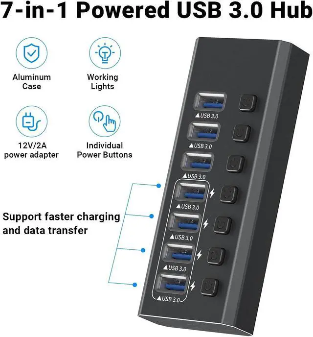 Alt view image 2 of 7 - Powered USB Hub, 7-Port USB 3.0 Hub Splitter (7 USB 3.0 Data Ports with 4 Smart Charging ) with Individual LED On/Off Switches, USB Hub 3.0 Powered with 24W AC Adapter for Mac, PC
