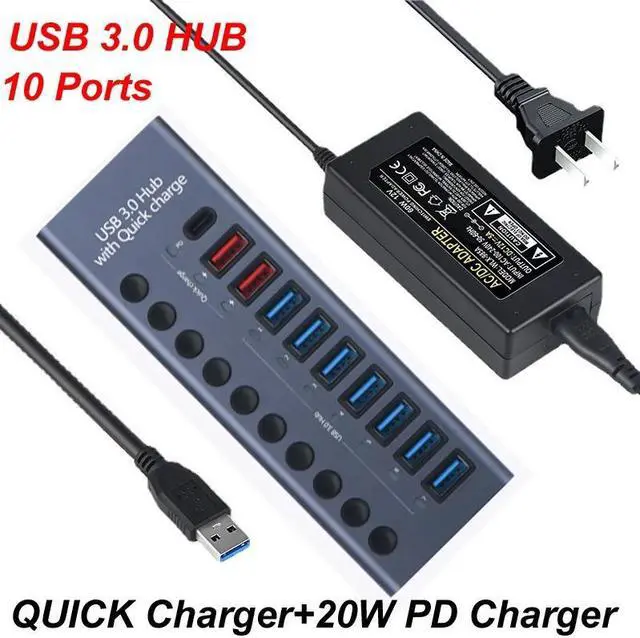 Main image of Powered USB Hub 3.0, 10-Port USB 3.0 Hub, 7 USB 3.0 Data Transmission Ports + 2 Smart Charging Ports + 1 PD Charging Port with Individual On/Off Switches with Power Adapter for Laptop PC