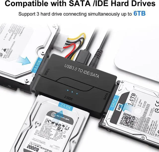 Alt view image 7 of 7 - IDE SATA to USB 3.0 Cable Hard Drive Reader IDE SATA PATA USB 3.0 for Hard Drive Disk HDD 2.5" 3.5" with 12V 2A External AC Power Adapter(Black)