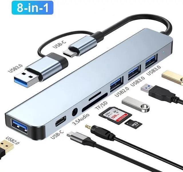 Main image of USB A Type C Hub, 8 in 1 USB C to USB Adapter with 100W Type C PD, SD/Micro SD Card Reader, USB3.0&3 USB2.0,3.5mm Audio, USB C Dongle Multiport Adapter for MacBook Air/Pro, iPad Pro M1