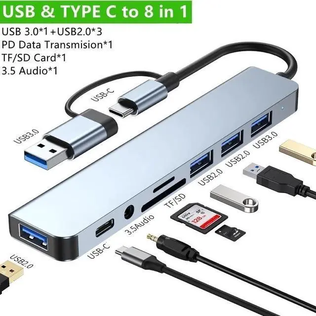 Main image of 8 in 1 USB A Type C Hub 5Gbps USB C Multiport Adapter with 4 USB-A, 100W Power Delivery, SD/TF Card Reader 3.5mm Audio USB C Hub Compatible with MacBook Pro/Air, and Other USB C Laptops