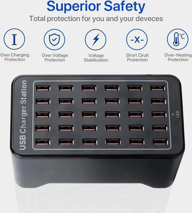 Alt view image 3 of 6 - Multiple USB Charging Station, 30 Ports 150W(30A) Fast Charger Station with Power Switch, Desktop Charging Station for Multiple Devices Compatible with Cell Phones iPad Kindle Tablet - Black