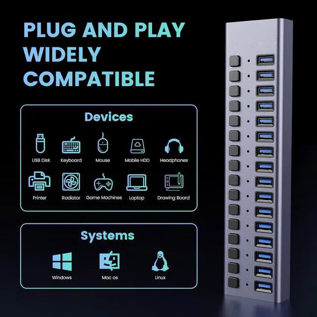 Alt view image 5 of 7 - 16 Port USB 3.0 Data HUB and Charger with Individual switches [90 Watts] (HS082-16U)