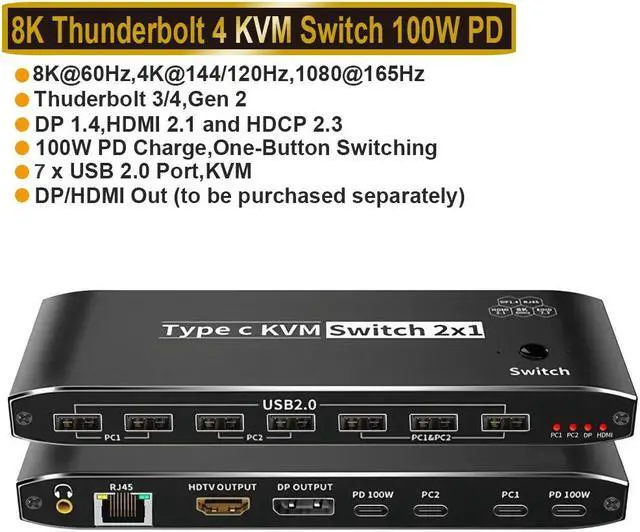 Main image of 2x1 USB-C KVM Switch Selector 2-Port 100W PD for 2 Computers Share Keyboard Mouse Printer and 1 HD 8K Monitor with 7 USB 2.0 Ports + 3.5mm Audio + Ethernet for Sharing Keyboard, Mouse, U Disk