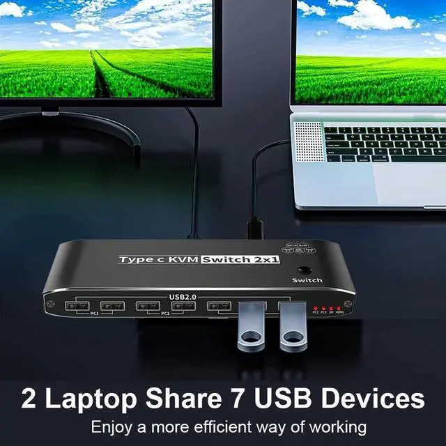 Alt view image 4 of 7 - 8K USB-C KVM Switch 2X1, 2 Port Type-C KVM Switch 8K 60Hz 2 Port Box 4K 120Hz Support 2Port 100W Power Delivery for 2 Computers Share 1 Monitor(DP/HDMI Output),3.5mm Audio, RJ45 and 7 USB Devices