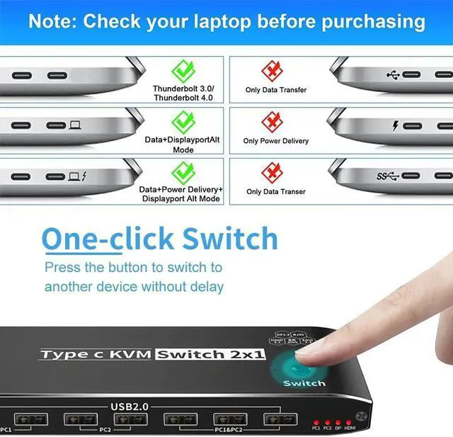 Alt view image 6 of 7 - 8K USB-C KVM Switch 2X1, 2 Port Type-C KVM Switch 8K 60Hz 2 Port Box 4K 120Hz Support 2Port 100W Power Delivery for 2 Computers Share 1 Monitor(DP/HDMI Output),3.5mm Audio, RJ45 and 7 USB Devices