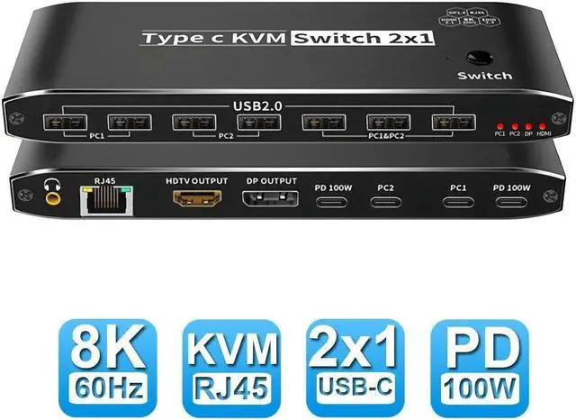 Main image of 2 Port 8K USB-C KVM Switch 2 in 1 Out 8K@60Hz 4K@120Hz 2 PC to 1 Monitor(DP/HDMI) 2-Port 100W PD with 7 USB 2.0 Ports + 3.5mm Audio + RJ45 Network for Sharing Keyboard, Mouse, U Disk