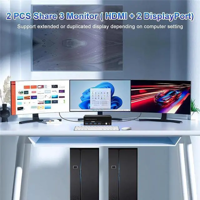 Alt view image 7 of 7 - 4K 120Hz HDMI KVM Switch 3 Monitors 2 Computers, 3 Port Monitors Switcher for 2 Computers Share 3 Monitors and Keyboard Mouse with USB3.0 Port,8K@60 Resolution,with EDID