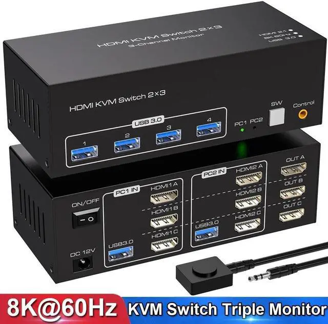 Main image of USB 3.0 HDMI KVM Switch 3 Monitors 2 Computers 8K@60Hz 4K@120Hz, EDID Emulator, Triple Monitor KVM Switch for 2 Computers Share 3 Displays and 4 USB 3.0 Ports,Wired Remote and Cables