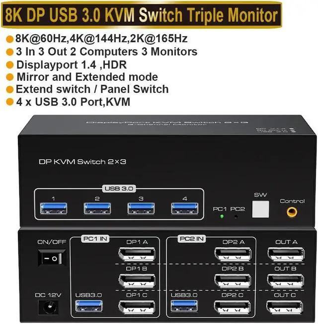 Main image of 4K 120Hz Displayport KVM Switch 3 Monitors 2 Computers, 3 Port DP Monitors Switcher for 2 Computers Share 3 Monitors and Keyboard Mouse with USB3.0 Port,8K@60 Resolution