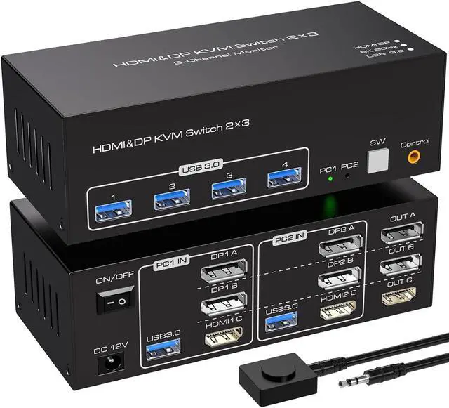 Main image of HDMI+2DP kvm Switch 3 Monitors 2 Computers 8K@60hz USB 3.0 DP HDMI kvm switches Triple Monitor for 2 PC Share 4 USB3.0 Devices with Desktop Controller USB Cables & DC 12V Adapter
