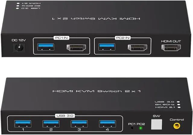 Main image of 2X1 HDMI KVM Switch 1 Monitors 2 Computers Display Port 8K HDMI KVM Switch 2 Port KVM HDMI Switch 2 PC 1 Monitor 2 in 1 Out HDMI KVM, Comes with Wired Controller