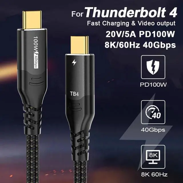 Main image of 100W Thunderbolt 4 TB4 Cable, 40GBps Data Transmission, 100W (20V5A) PD Super Fast Charge, 8K@60Hz HD Extension for Thunderbolt 4, Mobile Phone, Notebook, MAC, SSD, PD3.1 and QC4.0 (1.6FT)