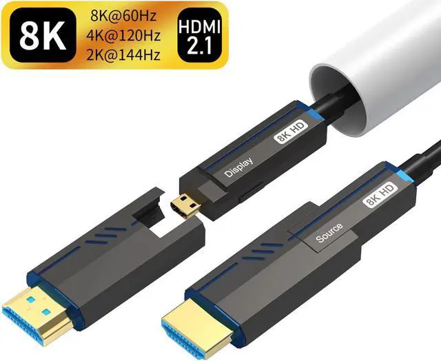 Main image of Long Fiber Optic HDMI Cable 100 Feet, HDMI 2.1, 48Gbps,with Dual Micro HDMI and Standard HDMI Connectors, Supports 8K@ 60Hz, HDCP 2.2&2.3, HDR10, Dolby Vision, ARC,3D,Slim and Flexible In-wall
