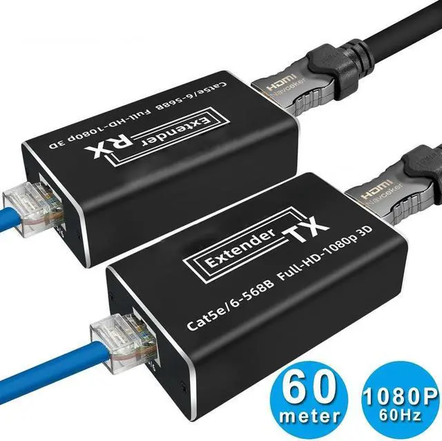 Main image of 196ft/60m HDMI RJ45 Extender Over Cat 5e/6, 1080P HDMI Ethernet Extender Adapter Support 3D, POC, Deep Color, Compatible with DVD, Fire Stick, Roku, PS5 (Tx + Rx)