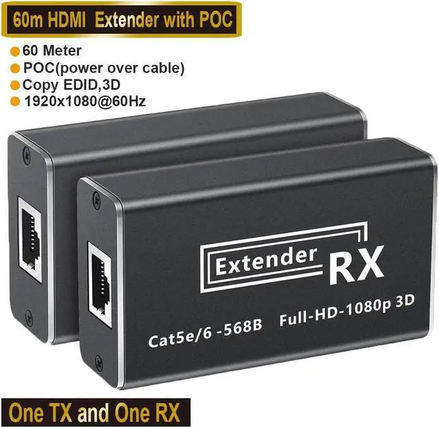 Main image of HDMI Extender Kit, 60M/196ft HDMI Extender Via Single RJ45 Cat 5e/6 Ethernet Cable Transmit Up to 60M, Support 1080p, 3D, POC, with Loop Out Function (Transmitter and Receiver)