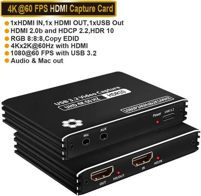 Main image of LUOM USB3.2 4K60 HDMI Video Capture Card, 4K 60FPS HD Game Capture Device Cam Link with HDMI Passthrough Work with Xbox PS5 PS4 Switch DSLR for OBS Twitch Live Streaming and Recording