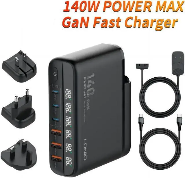 Main image of LUOM 6-Prots USB C 140W Fast Charger QC3.0 USB PD3.0 Muti Ports GaN Charger Mobile Phone Quick Charging Type C Charging Station Hub for iPhone Xiaomi Samsung - Black