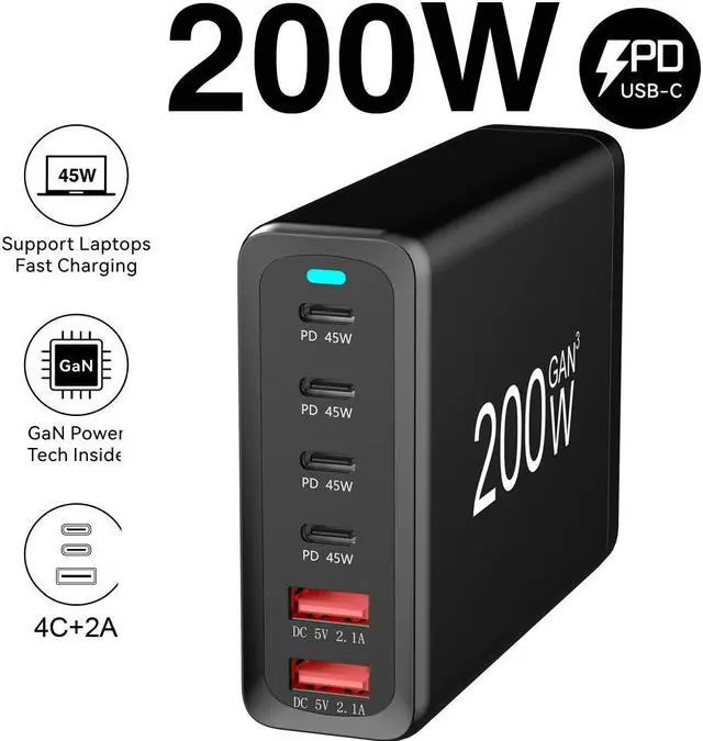 Main image of LUOM GaN 200W 6-Port USB-C USB-A Charger QC3.0 PD3.0 Type C Fast Charging Mobile Phone Charging Station for Various Brands of Mobile Phones Tablet PC